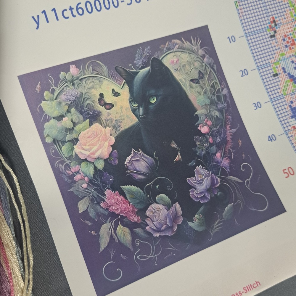 NEW Black Cat Flowers Pre Stamped Cross Stitch Floral Cat Butterfly